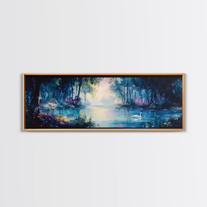 Misty Blue Forest Lake With Swan Wall Art, Moody Landscape Canvas Print, Dark Botanical Decor, Calming Living Room Art Print