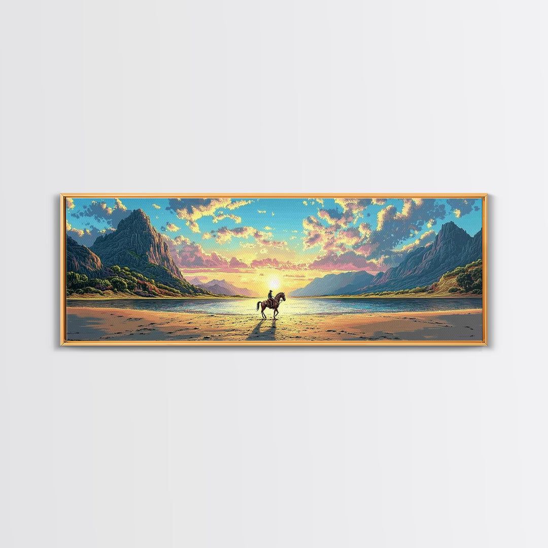 Lone Rider On Sunset Beach Wall Art, Western Coastal Landscape Canvas Print, Mountain Lake Decor, Masculine Office Art Print