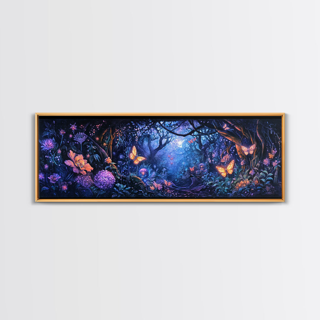 Enchanted Butterfly Forest At Twilight Wall Art, Fantasy Woodland Canvas Print, Dark Floral Decor, Whimsical Bedroom Art