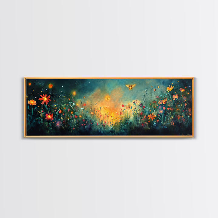 Glowing Wildflower Meadow With Fireflies Wall Art, Whimsical Floral Canvas Print, Dark Botanical Decor, Cozy Bedroom Art