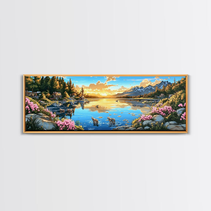 Mountain Lake Sunset With Pink Wildflowers Wall Art, Panoramic Landscape Print, Nature Decor, Living Room Wall Decor, Home Decor