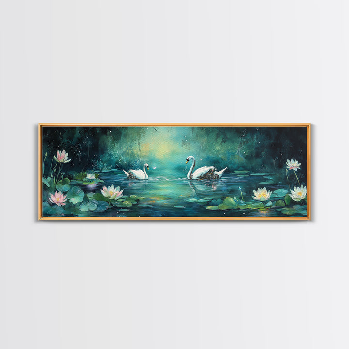 White Swans And Water Lilies Framed Canvas Print, Romantic Nature Wall Art, Elegant Bedroom Decor, Gift For Her, Living Room Art