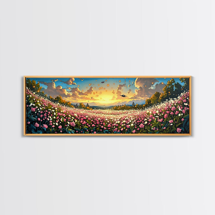 Glowing Lanterns Over Pink Flower Valley Canvas Print, Whimsical Floral Wall Art, Maximalist Decor, Living Room Decor, Home Decor