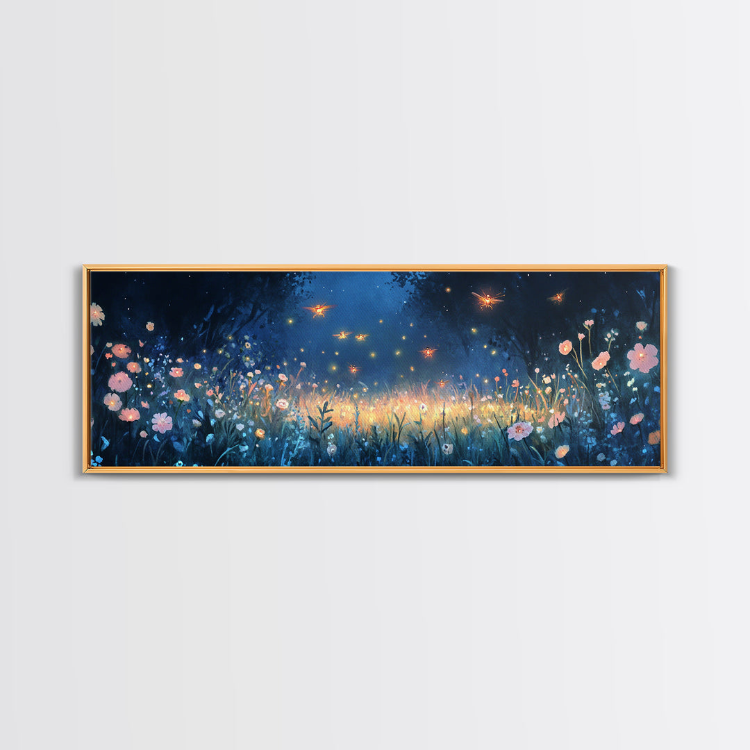 Firefly Night Meadow With Soft Wildflowers Framed Canvas Print, Whimsical Wall Art, Dark Floral Decor, Bedroom Wall Decor