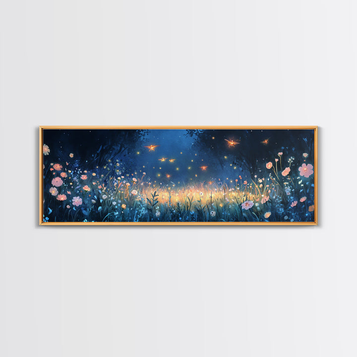 Firefly Night Meadow With Soft Wildflowers Framed Canvas Print, Whimsical Wall Art, Dark Floral Decor, Bedroom Wall Decor