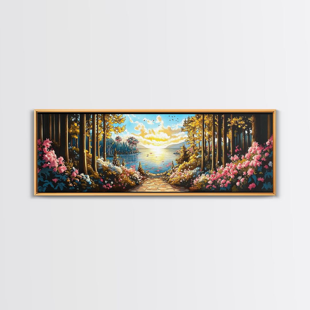 Sunlit Forest Lake Path With Pink Flowers Wall Art, Panoramic Canvas Print For Living Room Decor And Nature Home Decor Gift