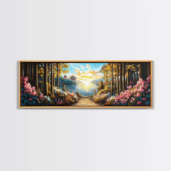 Sunlit Forest Lake Path With Pink Flowers Wall Art, Panoramic Canvas Print For Living Room Decor And Nature Home Decor Gift