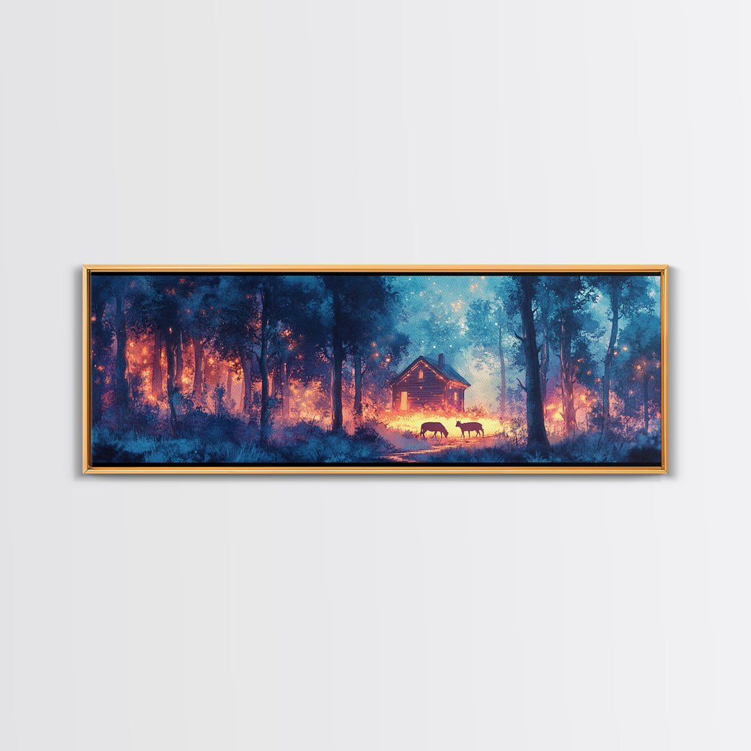 Glowing Cabin In Blue Twilight Forest Framed Canvas Print, Moody Landscape Wall Art For Rustic Home Decor And Office Decor