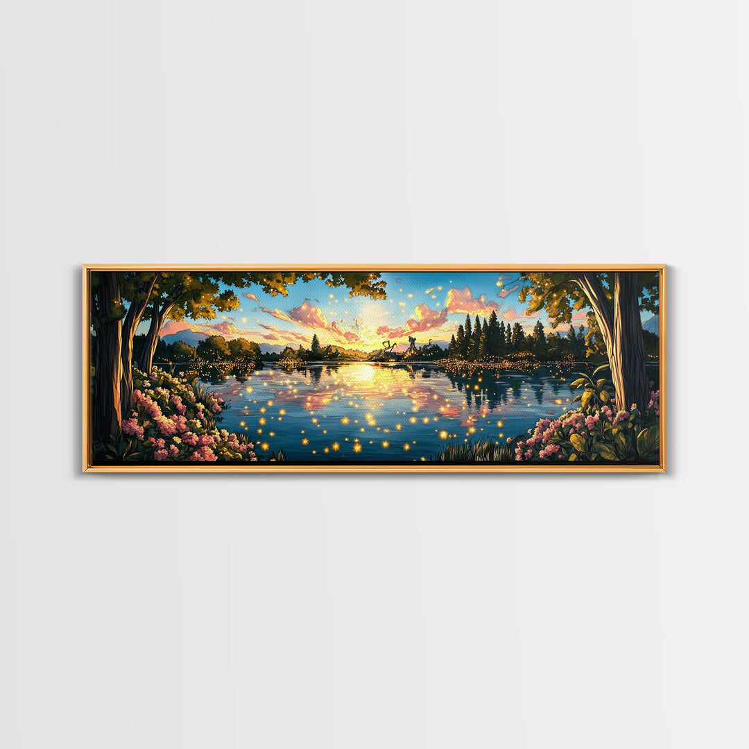 Golden Sunset Lake With Fireflies And Pink Blossoms Canvas Print, Romantic Nature Wall Art For Bedroom Decor And Home Decor