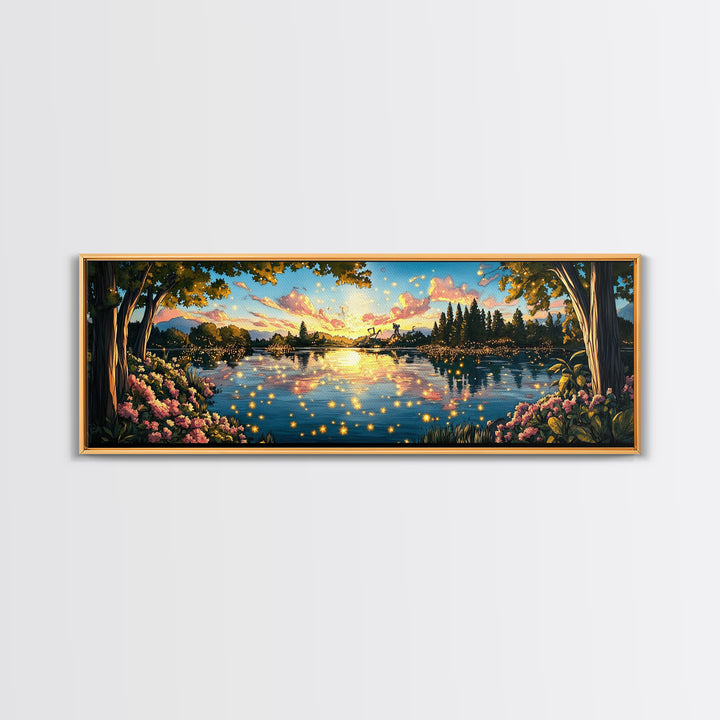 Golden Sunset Lake With Fireflies And Pink Blossoms Canvas Print, Romantic Nature Wall Art For Bedroom Decor And Home Decor