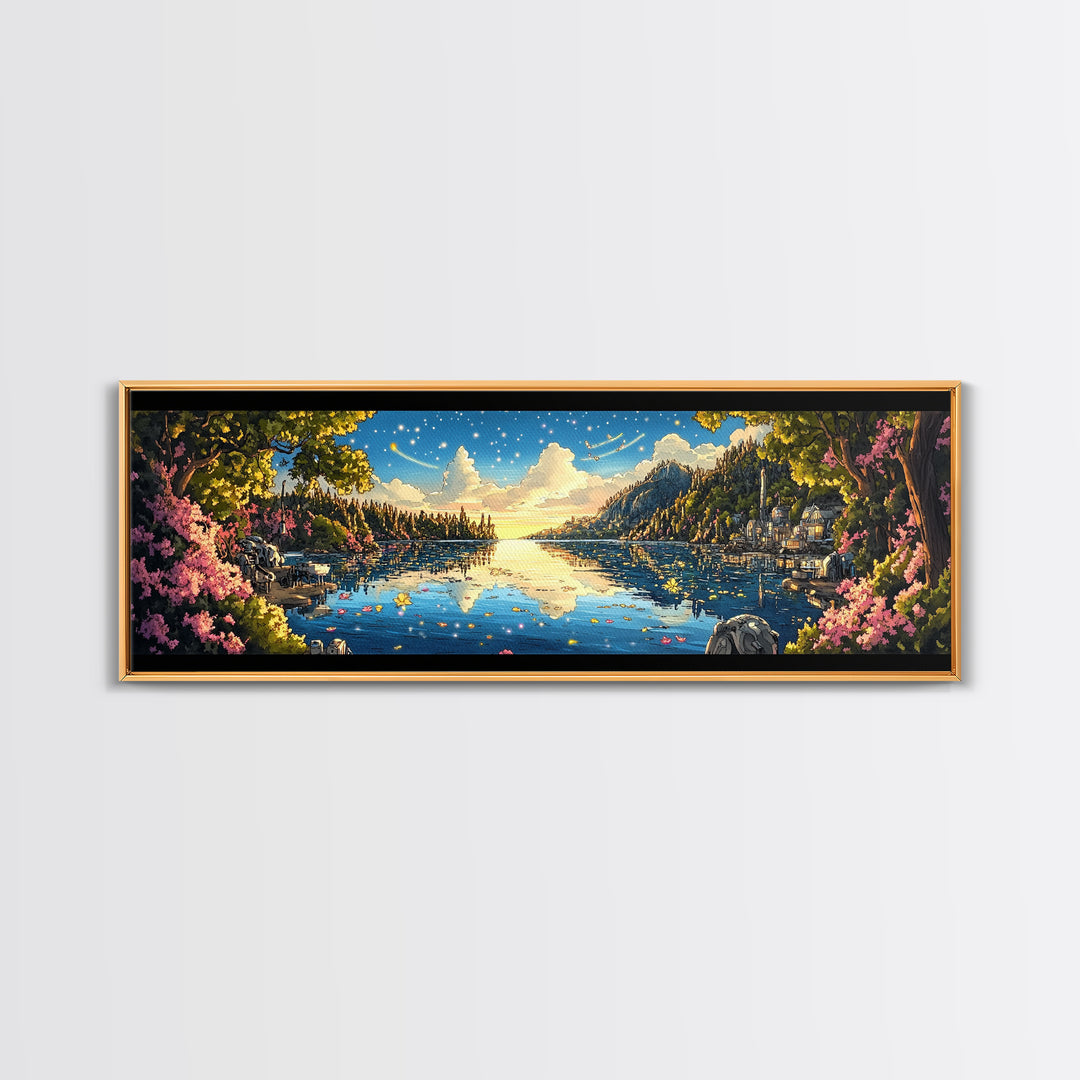 Starry Mountain Lake Village With Pink Flowers Framed Canvas Print, Panoramic Landscape Wall Art For Living Room Decor And Home Decor