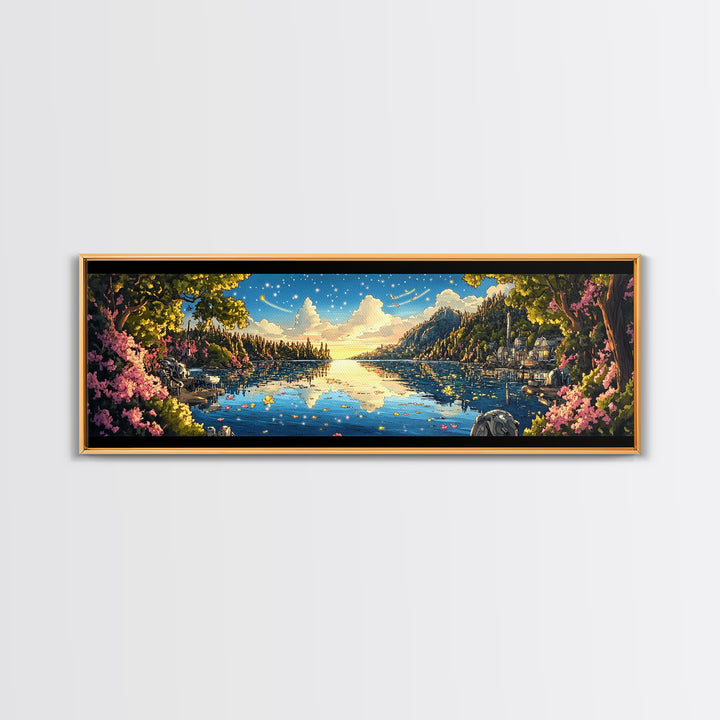 Starry Mountain Lake Village With Pink Flowers Framed Canvas Print, Panoramic Landscape Wall Art For Living Room Decor And Home Decor