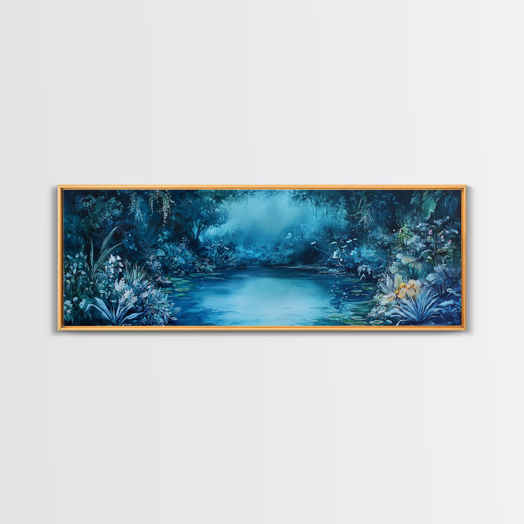 Misty Blue Jungle River With Wildlife And Orchids Canvas Print, Serene Nature Wall Art For Spa Decor And Bathroom Wall Decor