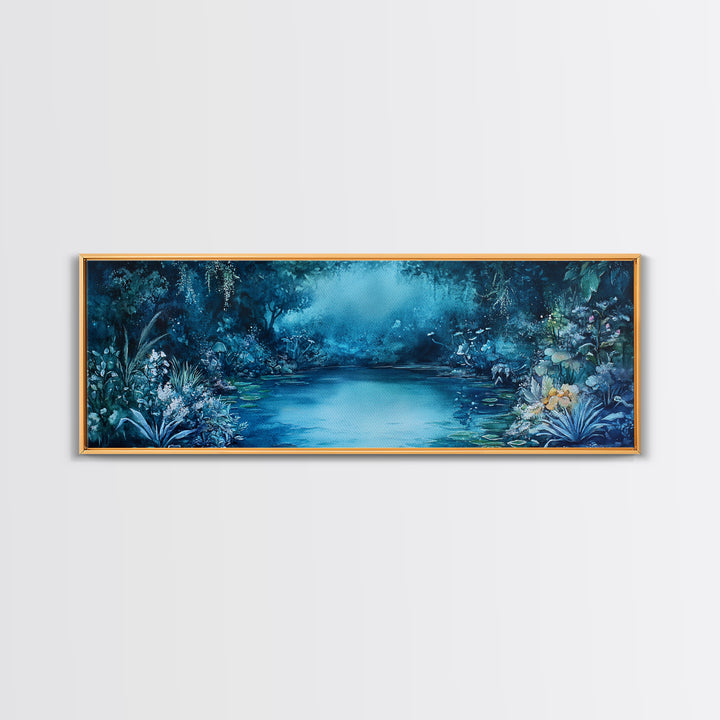 Misty Blue Jungle River With Wildlife And Orchids Canvas Print, Serene Nature Wall Art For Spa Decor And Bathroom Wall Decor