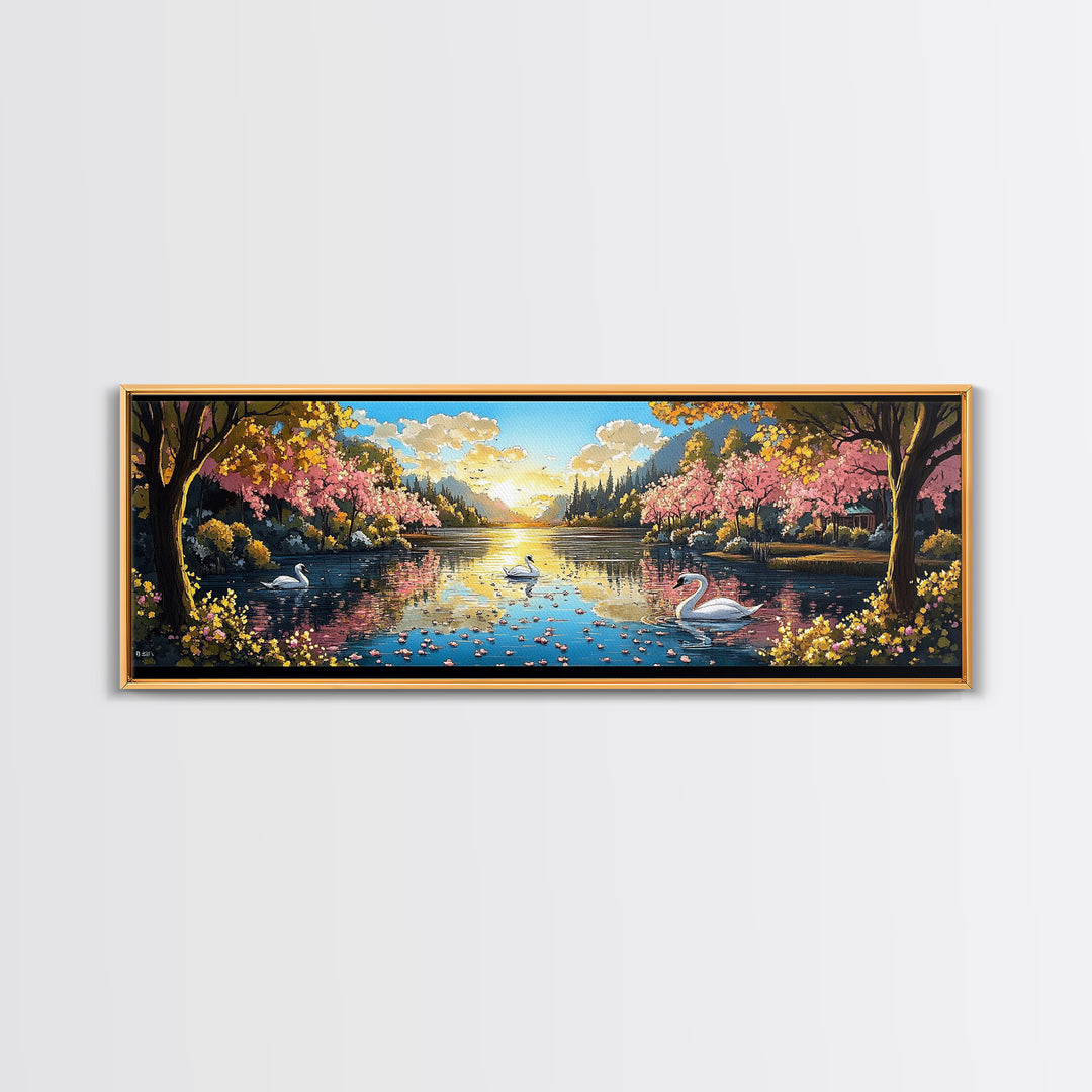Swans On Golden Lake With Cherry Blossoms Framed Canvas Print, Romantic Landscape Wall Art For Bedroom Decor And Home Decor