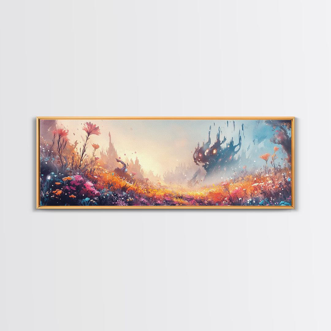 Misty Fantasy Flower Field With Dark Castle Canvas Print, Surreal Landscape Wall Art, Colorful Whimsical Bedroom Decor Gift