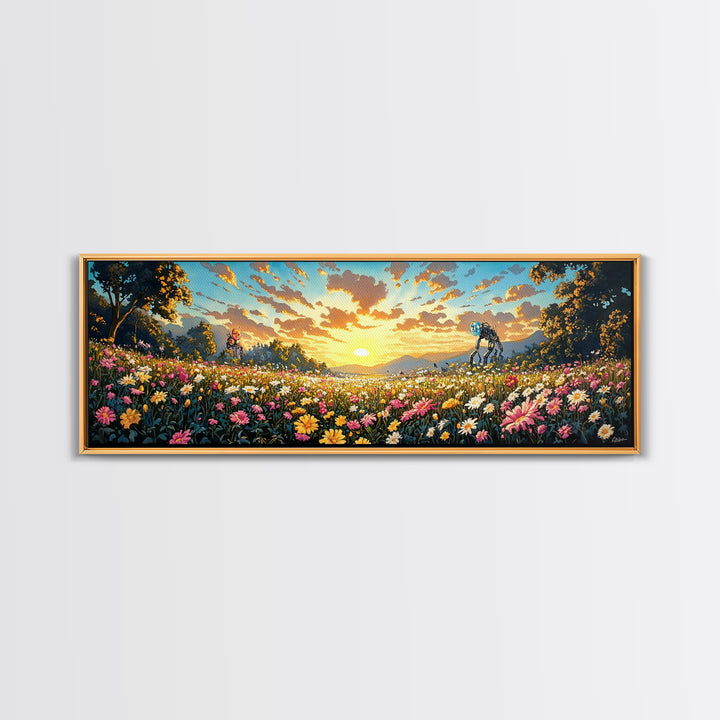 Sunrise Daisy Meadow With Tiny Robots Framed Canvas Print, Panoramic Floral Wall Art, Bright Farmhouse Living Room Decor