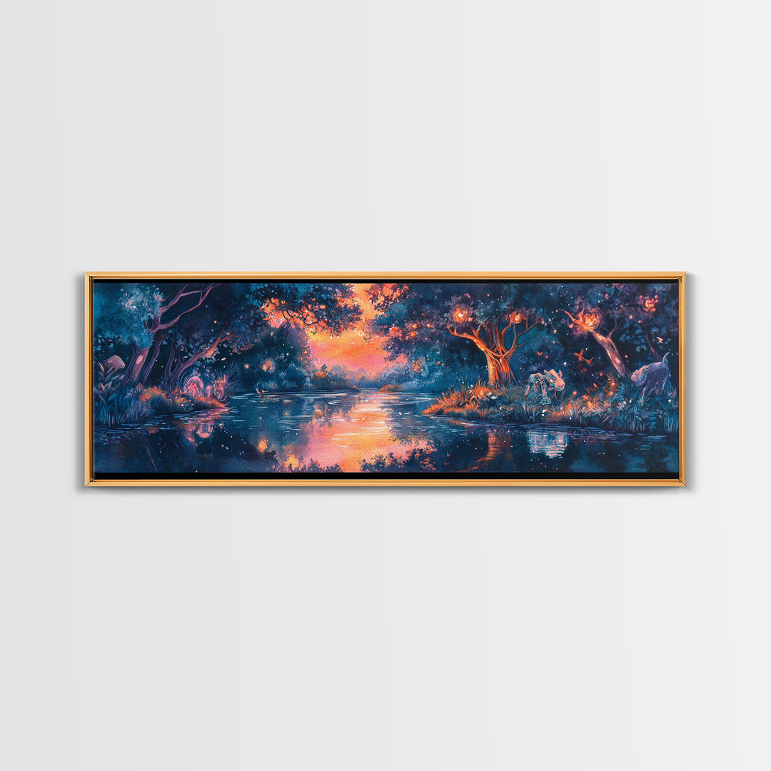 Enchanted Twilight Forest Lake Wall Art, Magical Firefly Landscape Canvas, Fantasy Woodland Decor, Panoramic Nature Print