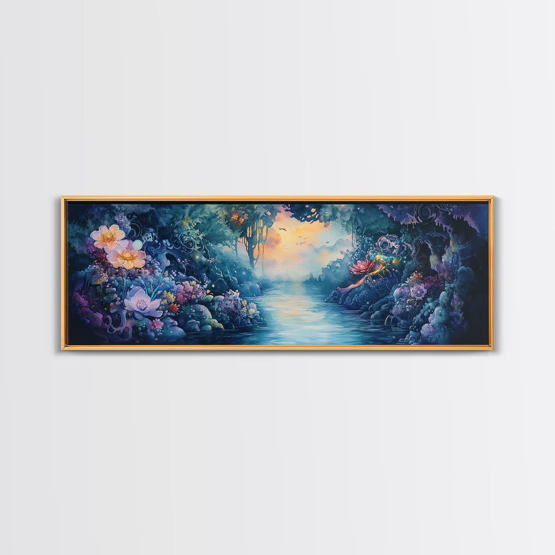 Mystical Flower Grotto River Wall Art, Fantasy Botanical Canvas Print, Whimsical Fairycore Decor, Dreamy Landscape Art Print