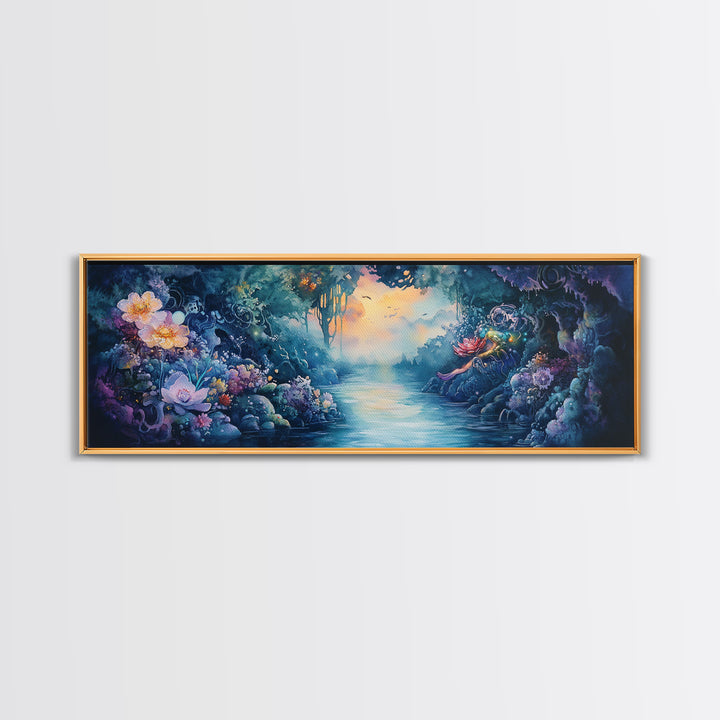 Mystical Flower Grotto River Wall Art, Fantasy Botanical Canvas Print, Whimsical Fairycore Decor, Dreamy Landscape Art Print