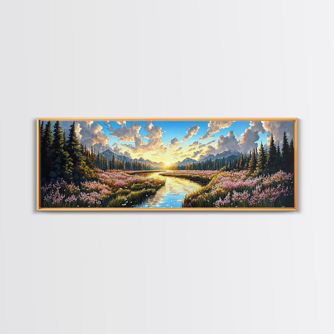 Alpine Mountain Meadow Creek Wall Art, Sunrise Wildflower Landscape Canvas Print, Cabin Decor, Living Room Wall Decor, Nature Art