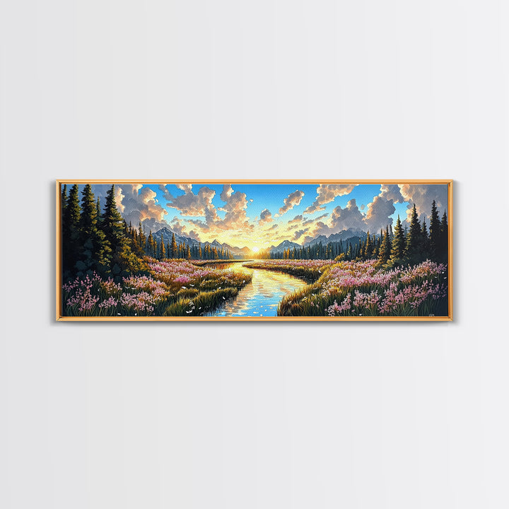 Alpine Mountain Meadow Creek Wall Art, Sunrise Wildflower Landscape Canvas Print, Cabin Decor, Living Room Wall Decor, Nature Art