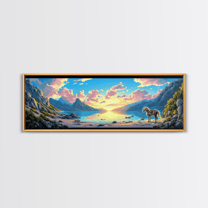 Pastel Mountain Cove With Zebra Wall Art, Fantasy Coastal Landscape Canvas Print, Surreal Beach Decor, Colorful Nature Art