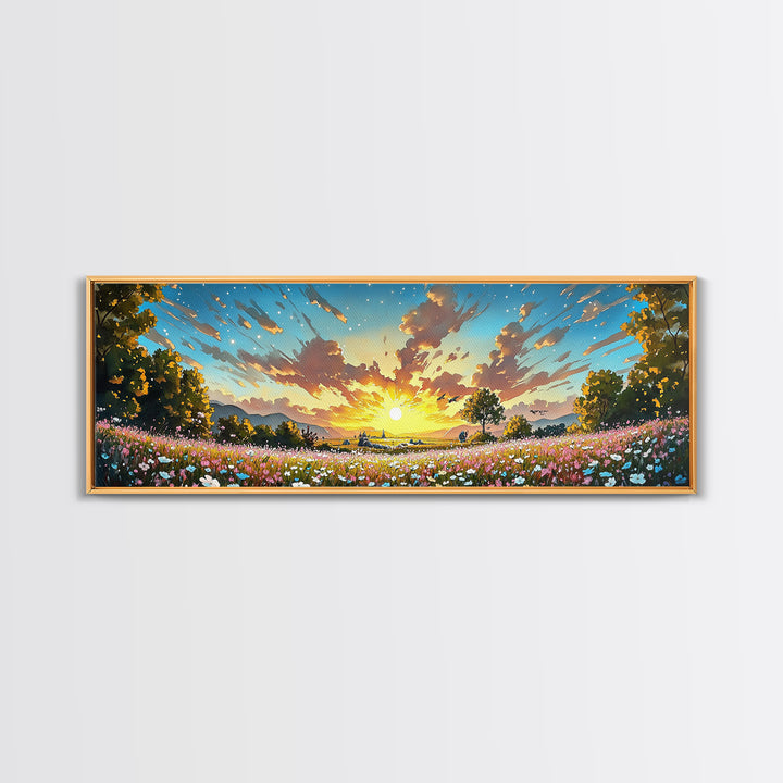 Golden Sunrise Wildflower Meadow Wall Art, Wide Horizontal Canvas Print, Landscape Art, Above Sofa Decor, Modern Home Decor