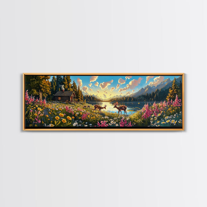 Rustic Cabin With Deer And Wildflowers Framed Canvas Print, Mountain Lake Wall Art, Farmhouse Decor, Housewarming Gift, Living Room Decor
