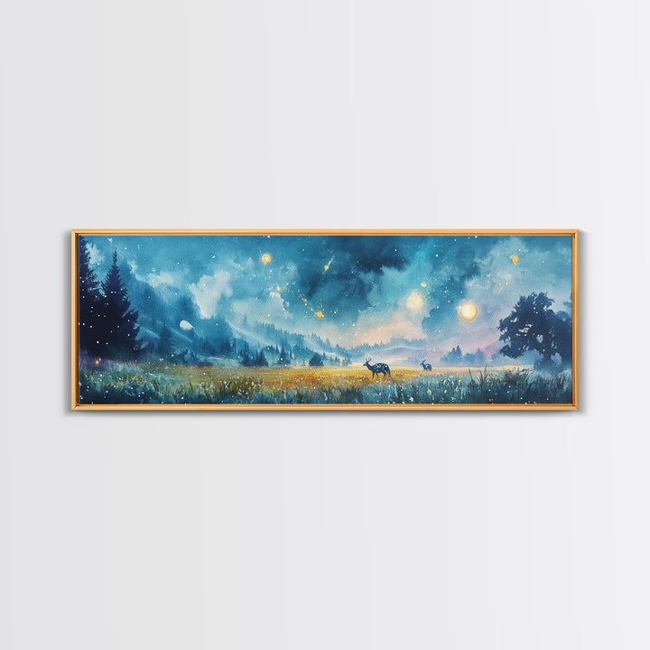 Moonlit Blue Meadow With Deer And Fireflies Wall Art, Dreamy Landscape Canvas Print, Celestial Decor, Calming Bedroom Decor