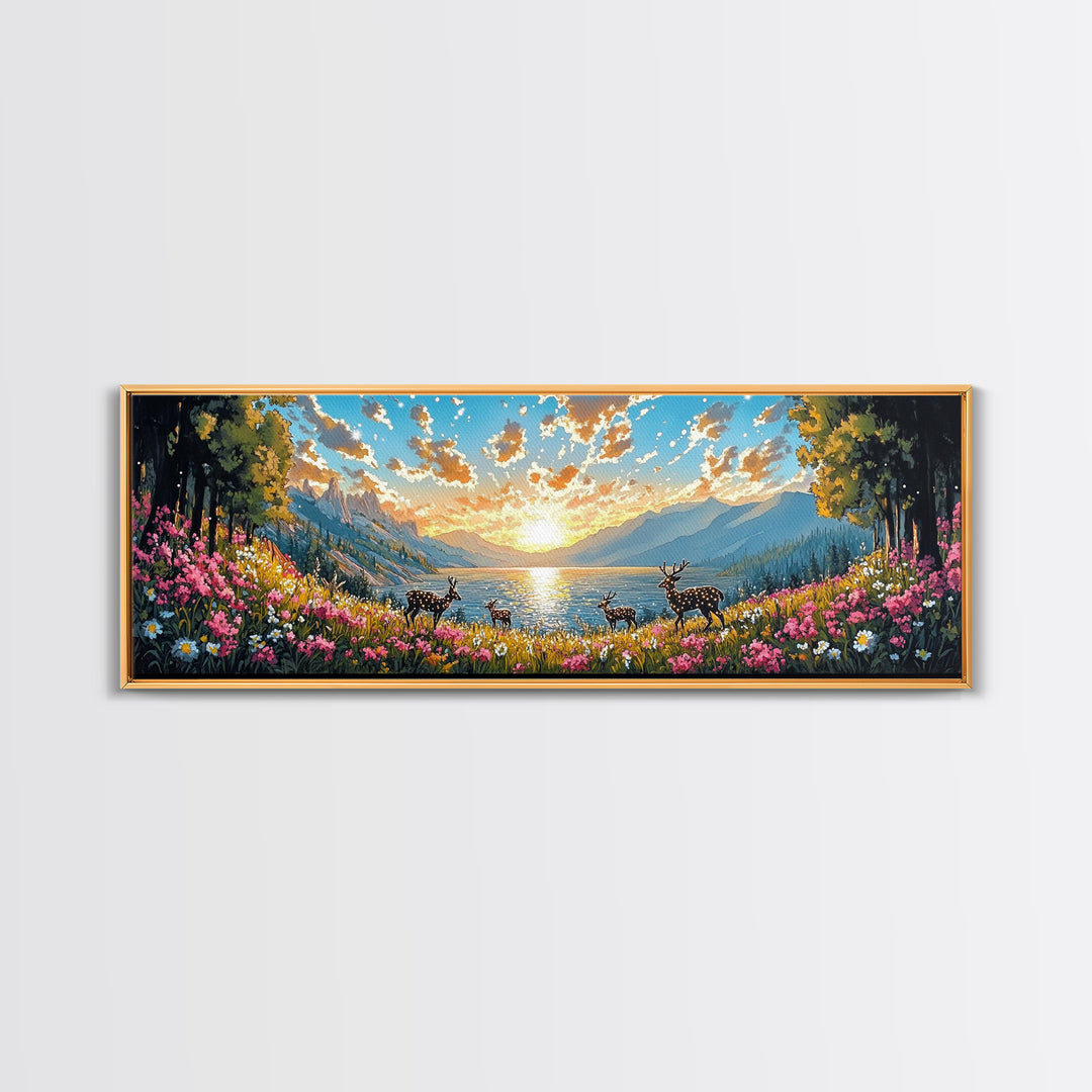 Deer Herd At Golden Alpine Lake Sunrise Wall Art, Wildflower Mountain Landscape Canvas Print, Large Living Room Decor, Housewarming Gift
