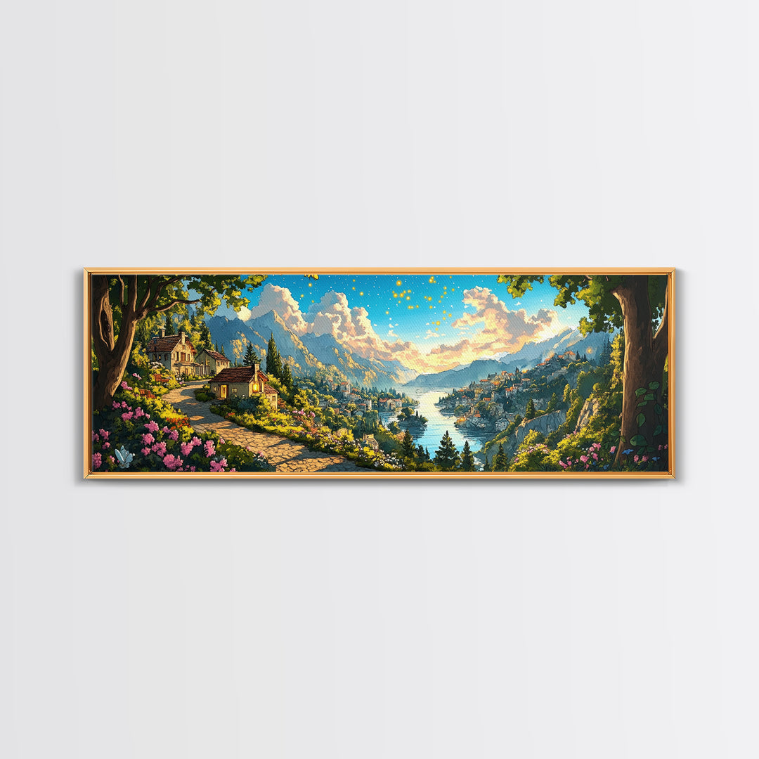 Sunlit Lakeside Village And Mountain Garden Canvas Print, Italian Landscape Wall Art, Travel Poster, Elegant Home Decor, Fine Art Print