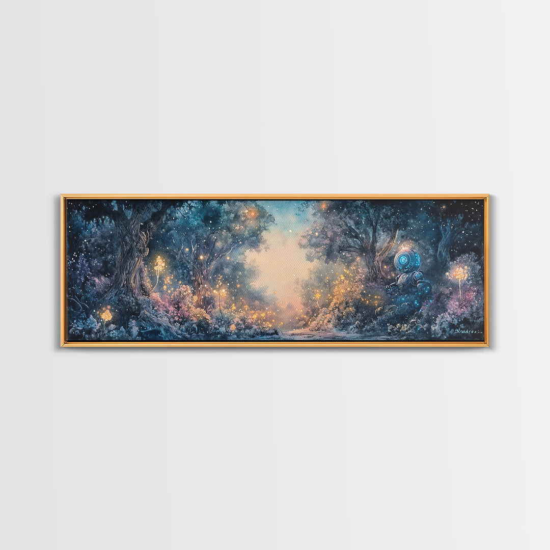 Enchanted Blue Forest With Glowing Fireflies Wall Art, Fantasy Landscape Canvas Print, Magical Woodland Living Room Decor
