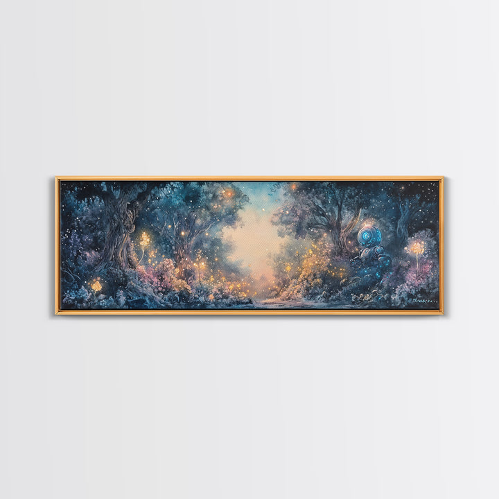 Enchanted Blue Forest With Glowing Fireflies Wall Art, Fantasy Landscape Canvas Print, Magical Woodland Living Room Decor