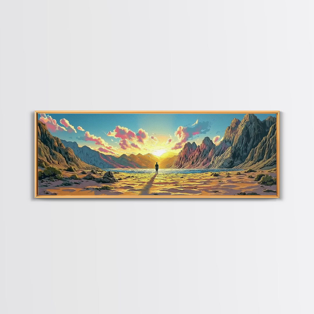 Radiant Mountain Sunrise Valley With Lone Wanderer Wall Art, Panoramic Landscape Canvas Print, Large Modern Living Room Decor