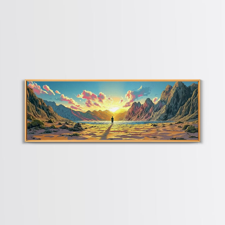 Radiant Mountain Sunrise Valley With Lone Wanderer Wall Art, Panoramic Landscape Canvas Print, Large Modern Living Room Decor