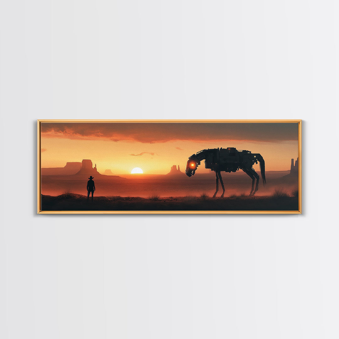 Cyberpunk Cowboy And Mechanical Horse At Sunset Wall Art, Sci Fi Western Canvas Print, Desert Landscape Man Cave Office Decor