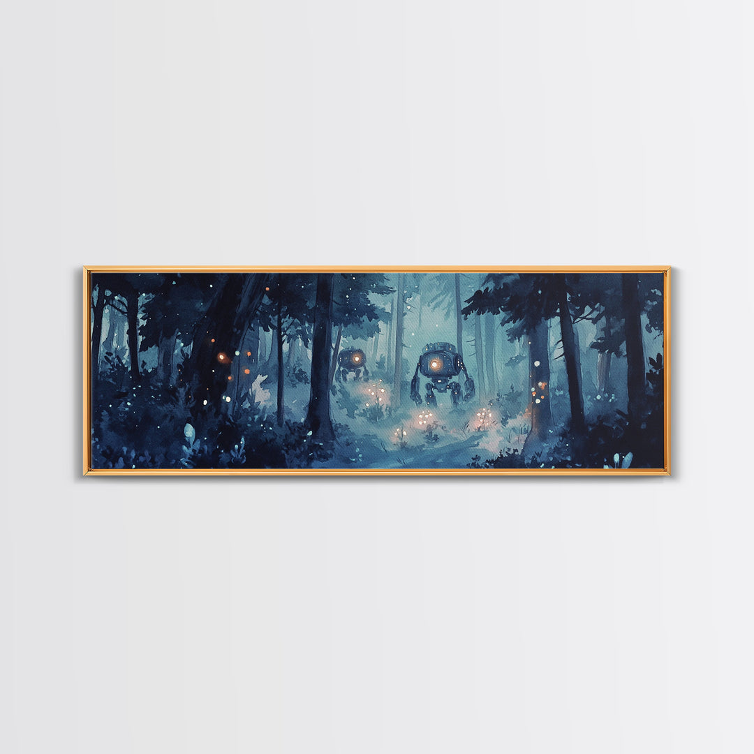 Misty Blue Forest Robots With Glowing Lantern Eyes Wall Art, Sci Fi Fantasy Canvas Print, Moody Woodland Home Office Decor