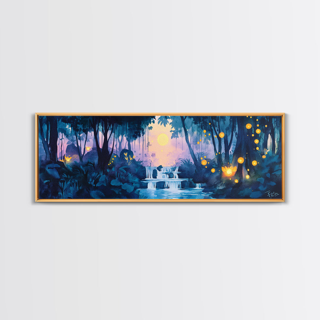 Moonlit Blue Jungle Waterfall With Glowing Fireflies Wall Art, Fantasy Watercolor Canvas Print, Whimsical Bathroom Decor