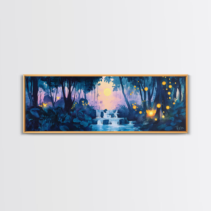 Moonlit Blue Jungle Waterfall With Glowing Fireflies Wall Art, Fantasy Watercolor Canvas Print, Whimsical Bathroom Decor