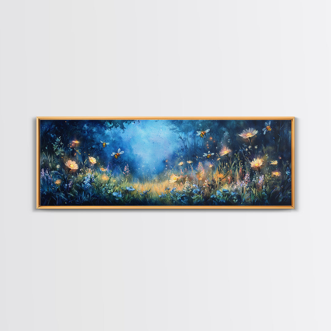 Glowing Firefly Wildflower Night Meadow Canvas Print, Whimsical Wall Art, Moody Botanical Art, Dark Blue Wall Decor, Bedroom Decor