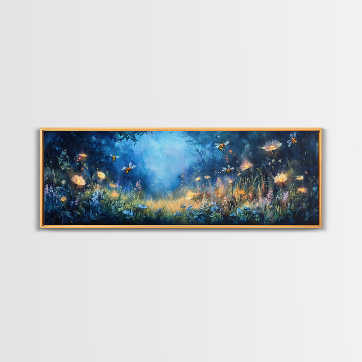 Glowing Firefly Wildflower Night Meadow Canvas Print, Whimsical Wall Art, Moody Botanical Art, Dark Blue Wall Decor, Bedroom Decor