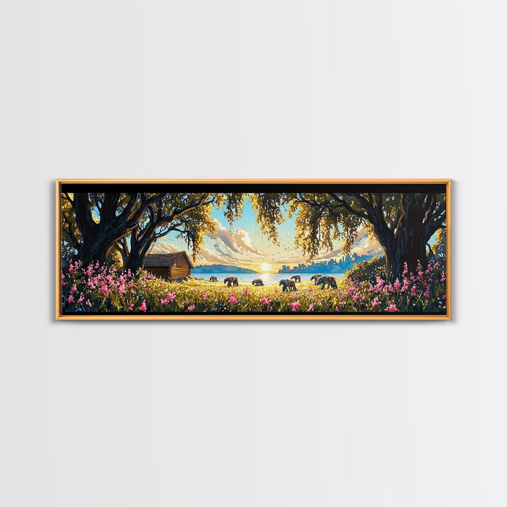Rustic Lakeside Cabin Horse Meadow Framed Canvas Print, Country Wall Art, Farmhouse Decor, Landscape Wall Decor, Lake House Decor