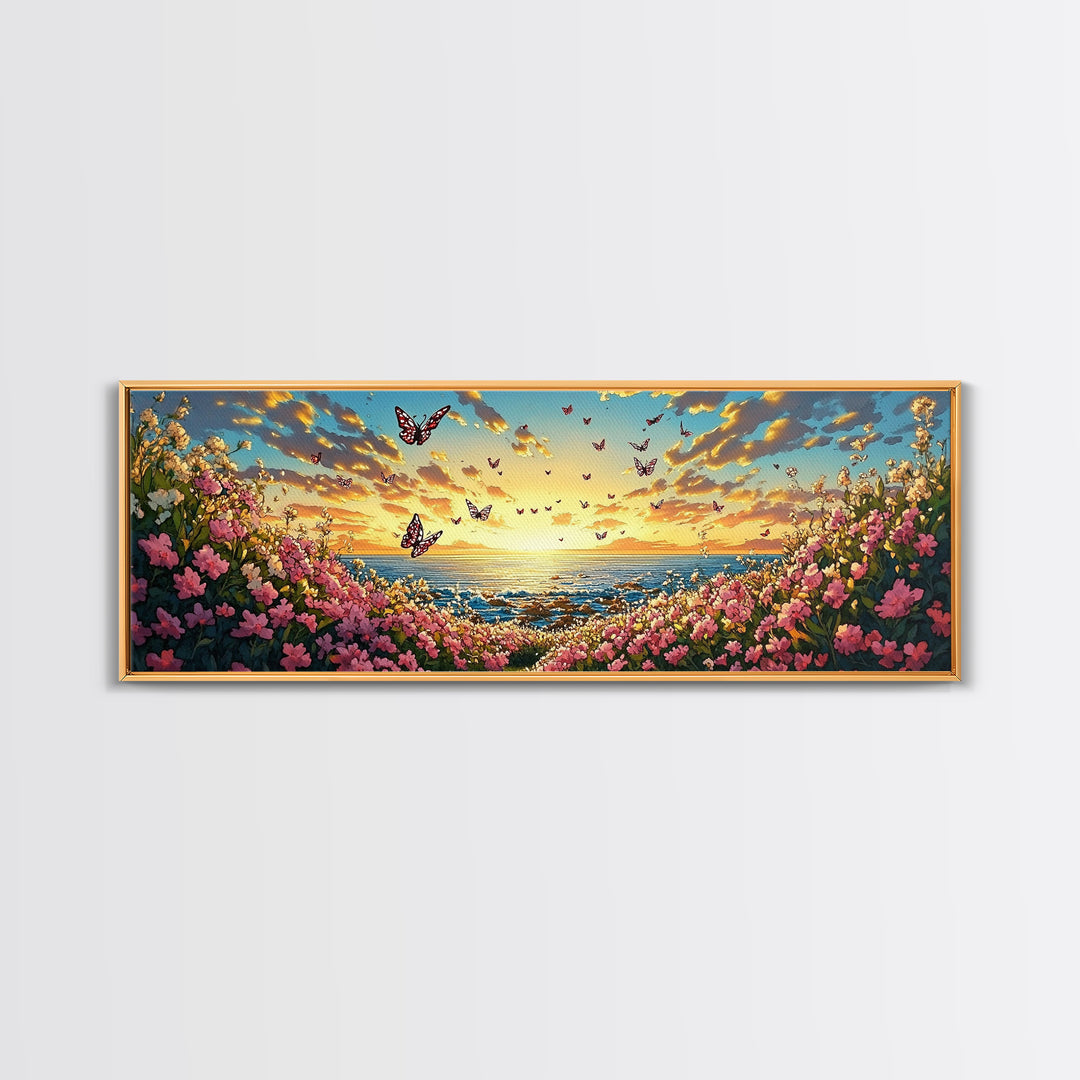 Butterfly Ocean Sunset Pink Flower Canvas Print, Coastal Wall Art, Romantic Bedroom Art, Beach House Decor, Gift For Her