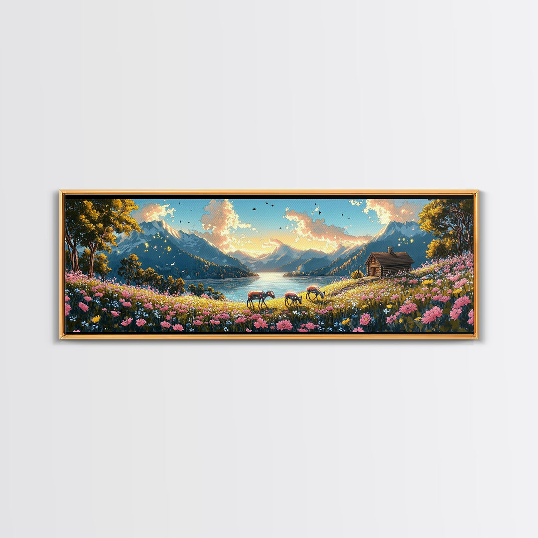 Alpine Lake With Horses And Flower Meadow Wall Art, Mountain Landscape Canvas Print, Rustic Cabin Decor, Living Room Art