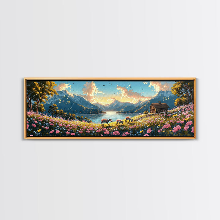 Alpine Lake With Horses And Flower Meadow Wall Art, Mountain Landscape Canvas Print, Rustic Cabin Decor, Living Room Art