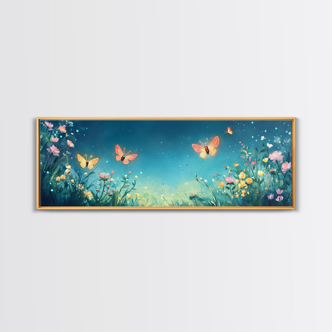 Butterflies Over Teal Wildflower Garden Wall Art, Whimsical Floral Canvas Print, Nursery Decor, Bedroom Wall Decor Gift