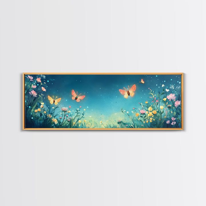 Butterflies Over Teal Wildflower Garden Wall Art, Whimsical Floral Canvas Print, Nursery Decor, Bedroom Wall Decor Gift