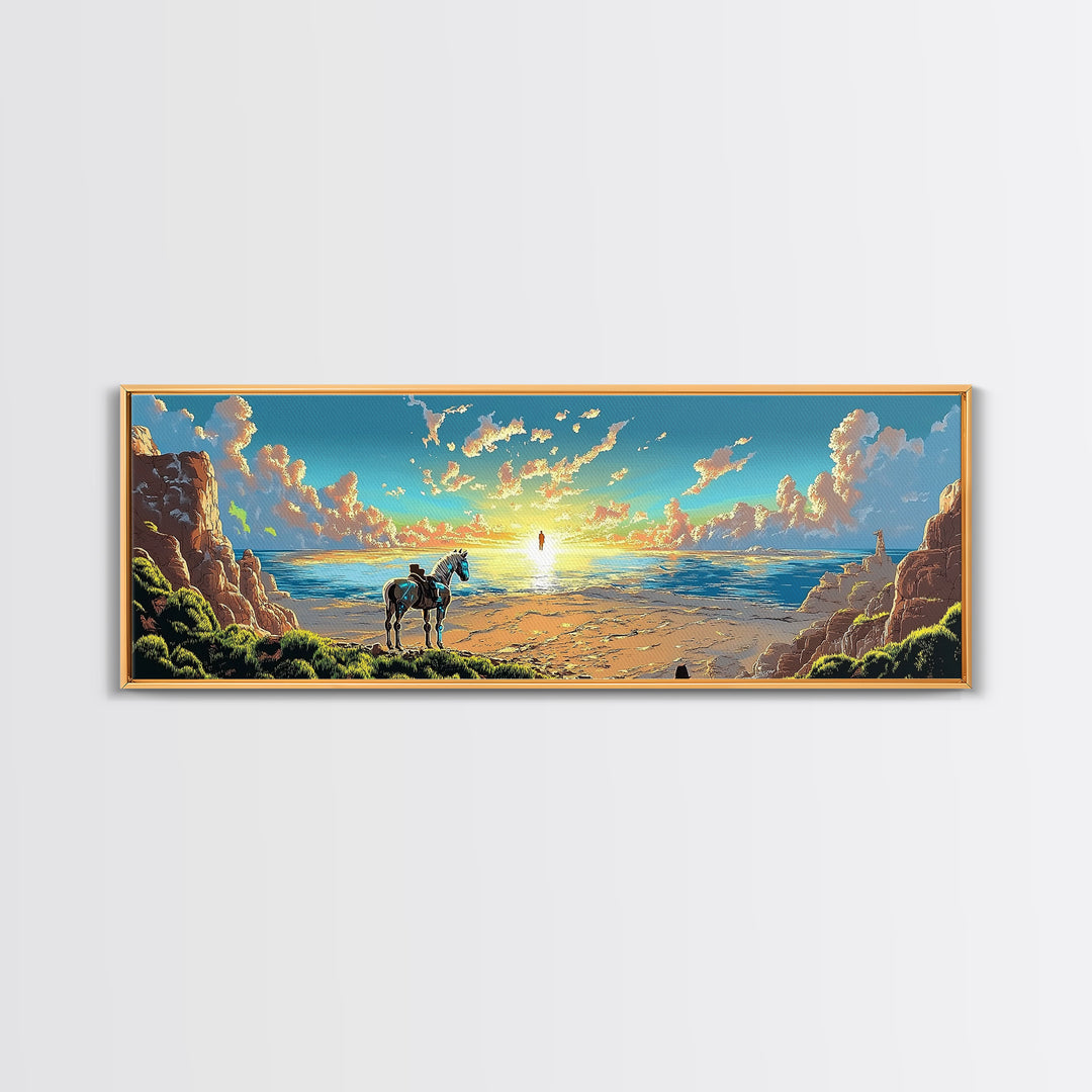 Lone Horse On Sunset Beach Wall Art, Coastal Landscape Canvas Print, Western Seascape Decor, Above Bed Wall Decor Gift Idea