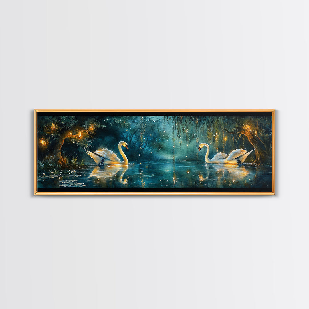 Moonlit Swans On Enchanted Pond Wall Art, Dark Botanical Framed Canvas Print, Romantic Bedroom Decor, Nature Wall Art Gift
